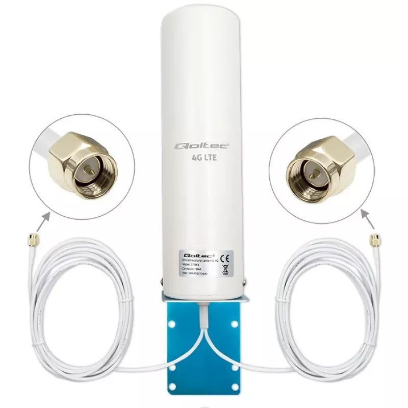 Āra visvirzienu 4G LTE antena QOLTEC 57044, 5 dBi, 600–2700 MHz, 50 W, 50 Ω, balta vara korpuss
