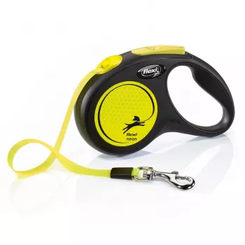 Izvelkama pavada Flexi New NEON 5 m - lentes pavada, maziem suņiem līdz 15 kg, melna/dzeltena