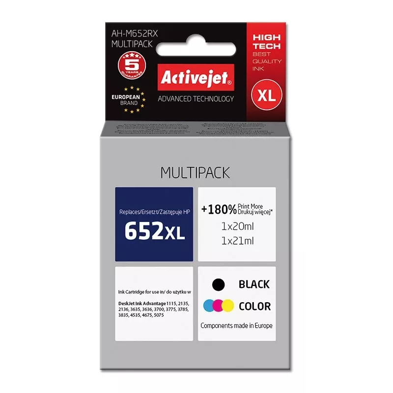 Activejet AH-M652RX tinte (HP 652 F6V25AE/F6V24AE aizstājējs; Premium; 1 x 20 ml, 1 x 21 ml; melna, krāsaina)
