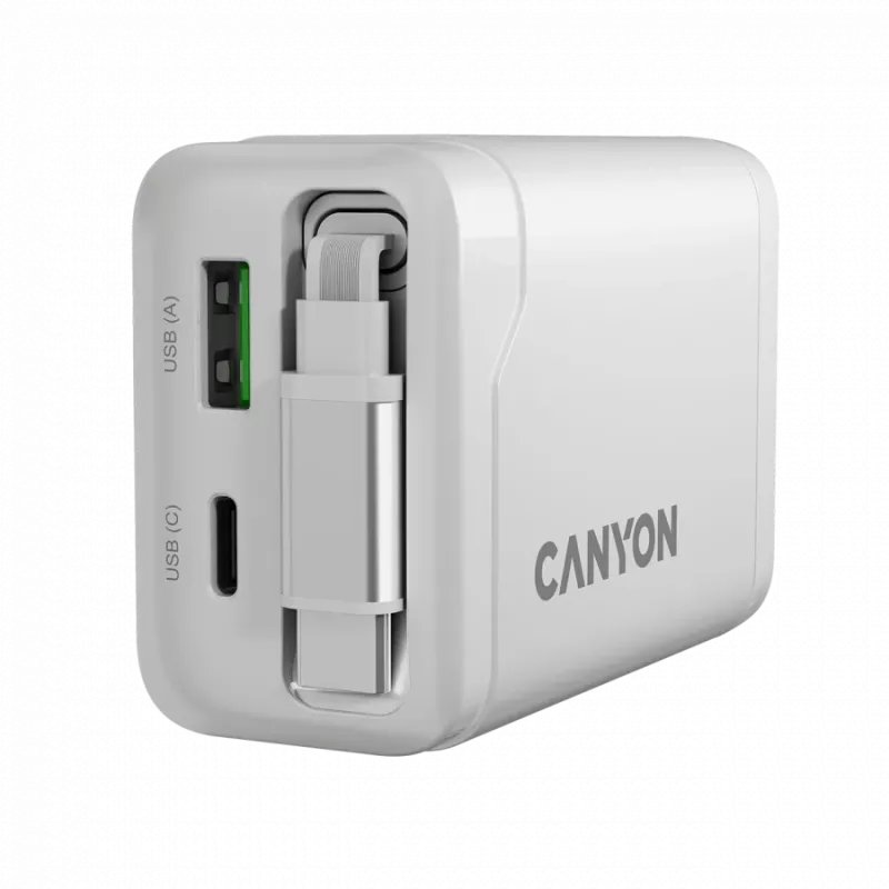 CANYON lādētājs OnCharge 65RC ar iebūvētu USB-C kabeli 65W, 1x PD, 1x QC, ES spraudnis, balts
