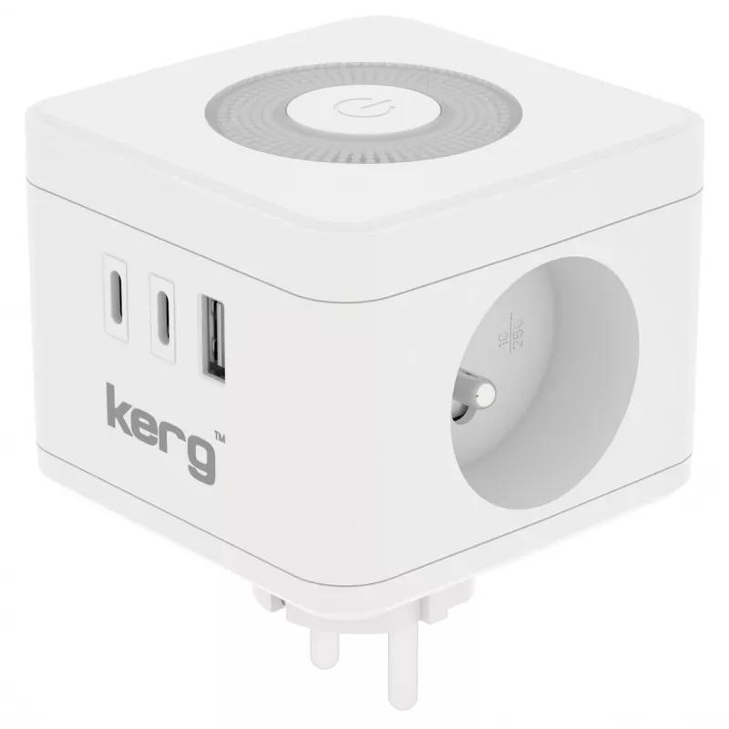 Strāvas sadalītājs Kerg M02730 — 2 F tipa rozetes, 3 USB pieslēgvietas (USB-A + USB-C), 16A 250V~, 1,5 m kabelis, balts