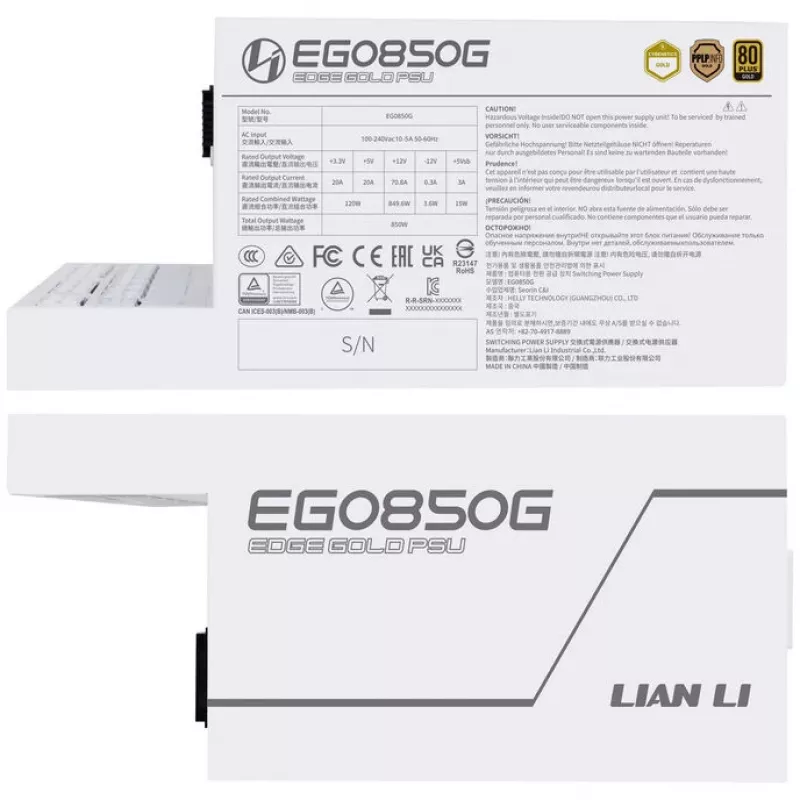 Lian Li EDGE GOLD 850 80 PLUS Gold barošanas bloks, PCIe 5.1, ATX 3.1 — 850 W, balts