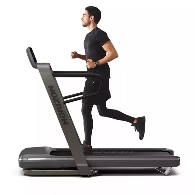 Saliekams elektriskais skrejceliņš Horizon Fitness Omega Z-02 — 140×53 cm skrejvirsma, 20 km/h maks., 159 kg ietilpība, grafīta krāsā