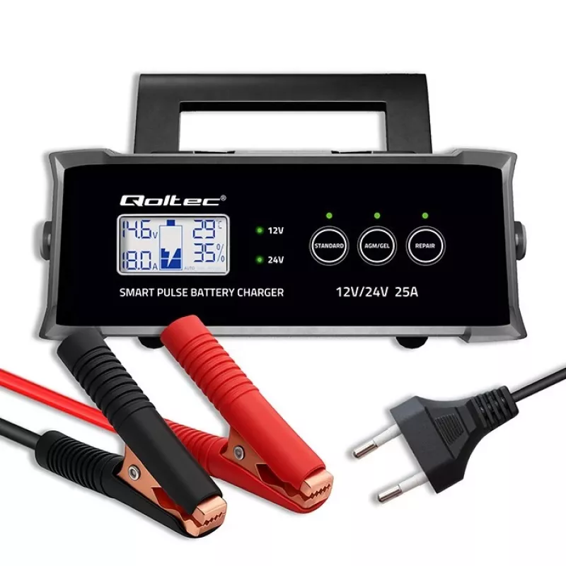 Baterijas lādētājs QOLTEC 52514 — 12V/24V, 25A, AGM/GEL/SLA baterijām ar LCD displeju