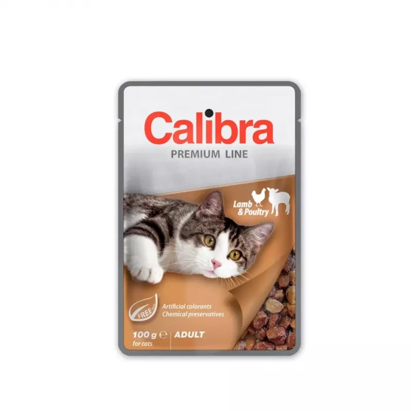 Mitrā kaķu barība Calibra Premium Adult Lamb & Poultry 100 g paciņa, pilnvērtīga mitrā barība, bez graudaugiem