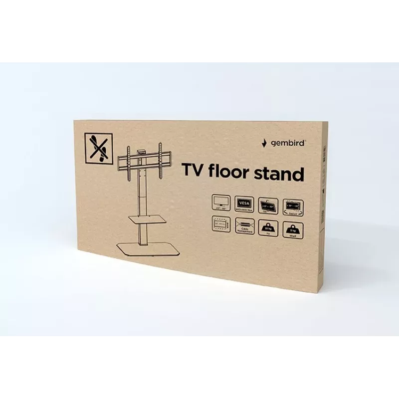 Stāvošs TV statīvs GEMBIRD TVS-86ST-01 43–86 collu televizoriem, melns, rūdīta stikla pamatne, VESA 100x100–600x400, maks. 60 kg