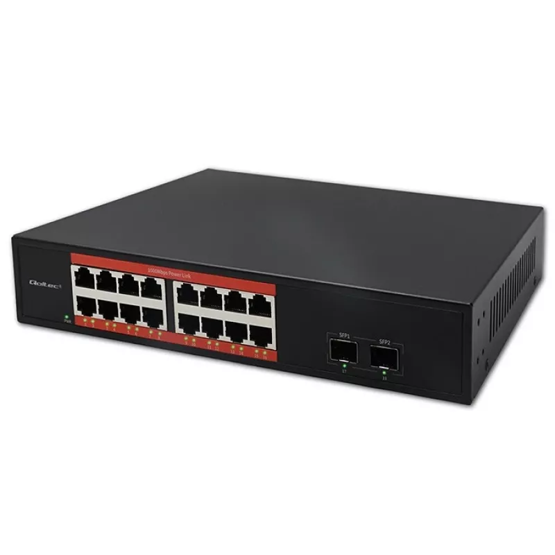 Tīkla slēdzis QOLTEC 52364 — Gigabit Ethernet PoE 16xRJ45, 2xSFP