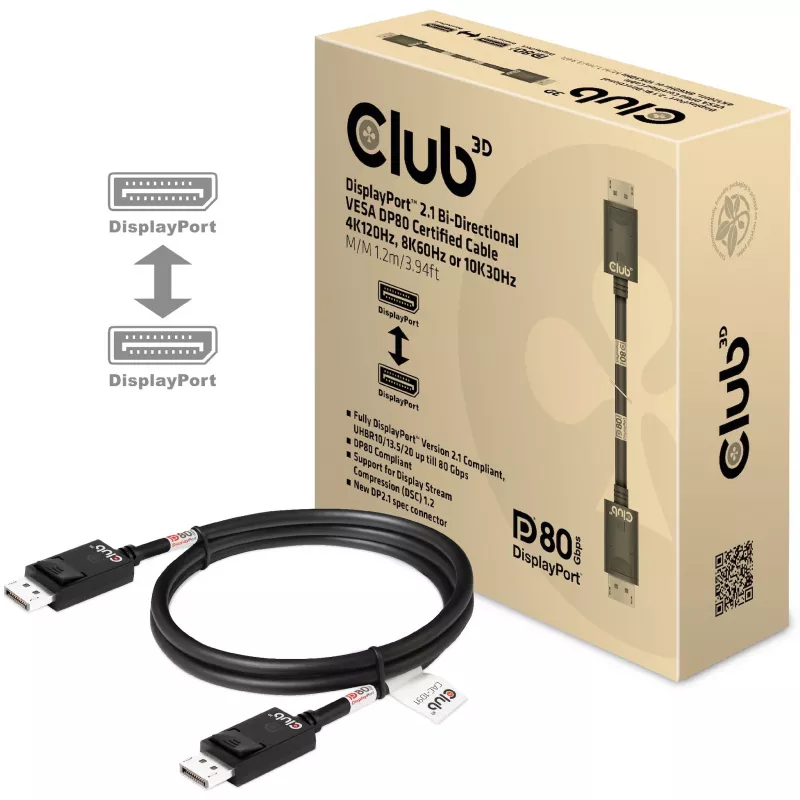 CLUB3D DisplayPort 2.1 Divvirzienu VESA DP80 sertificēts kabelis 4K240Hz, 8K60Hz vai 10K30Hz M/M 1,2 m/3,94 pēdas
