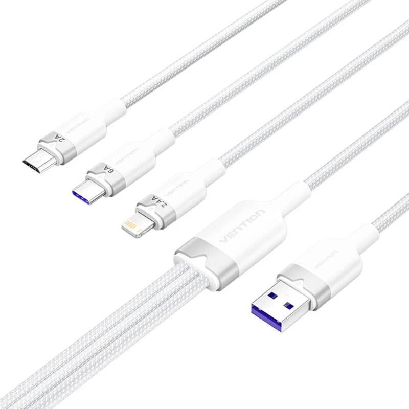 USB 2.0 A uz 3-in-1 6A kabelis Vention CTRWG 1,5 m balts