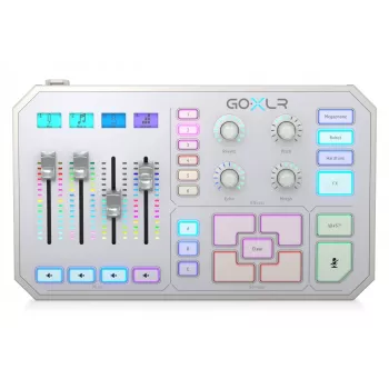 USB audio mikseris TC‑Helicon GO XLR‑WH balts — 1 XLR mikrofona ieeja, USB‑B, 48 V fantoma barošana, 24‑bit/48 kHz, optiskā izeja