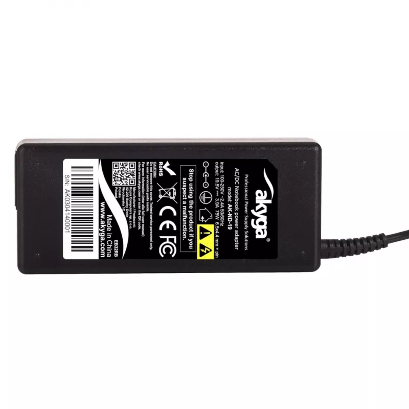 Akyga AK-ND-19 klēpjdatora strāvas adapteris — 75W, 19.5V, 3.9A, maiņstrāva-līdzstrāva, melns