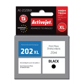 Tintes kārtridžs ActiveJet AE-202BNX melna, saderīga ar Epson 202XL, 20 ml, XL augstas ietilpības, pigmenta tinte, ar čipu