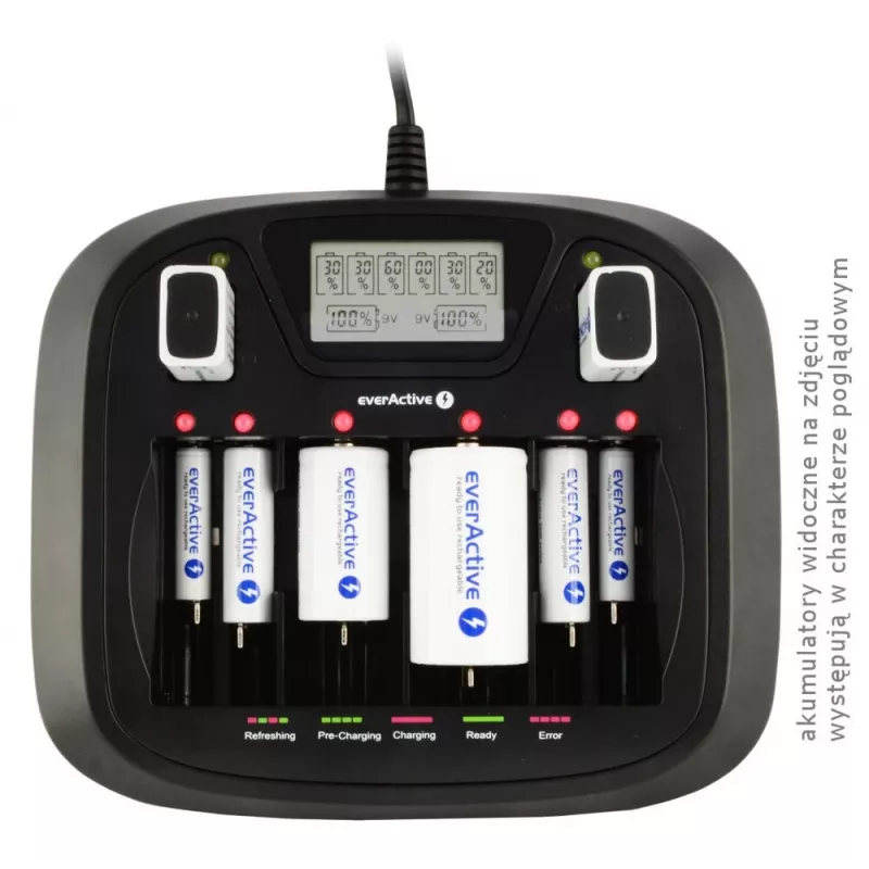 Baterijas lādētājs everActive NC-900U Universal DC — lādē AA, AAA, C, D, 9V, līdz 6 šūnām, melns