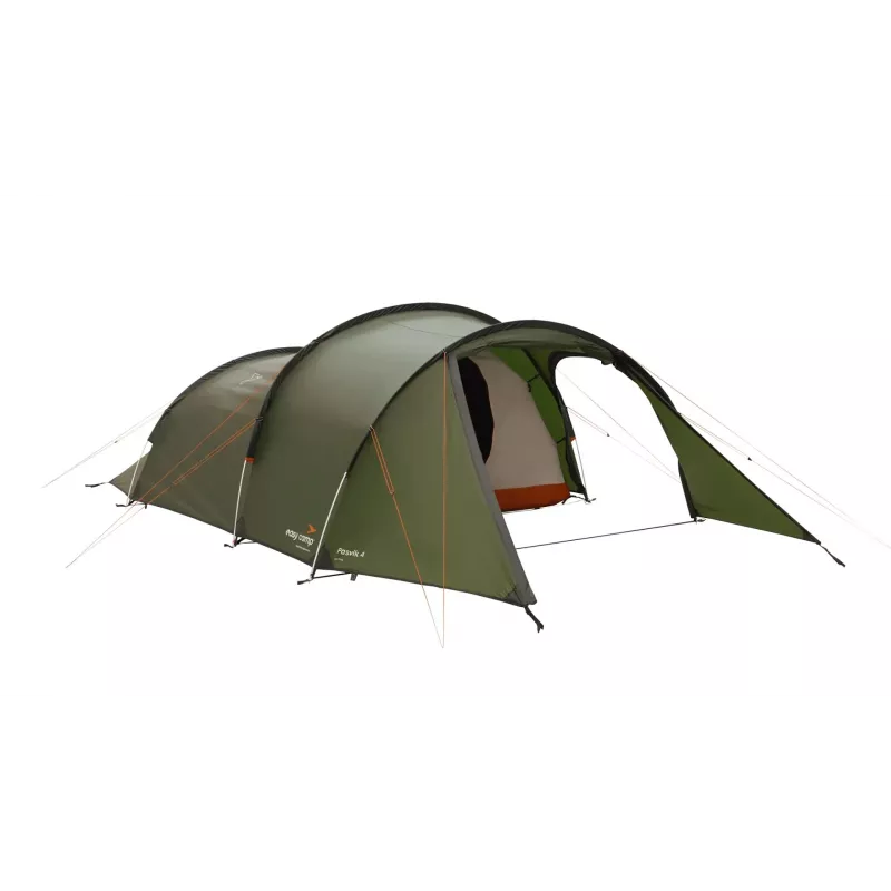 Tuneļtelts easy camp Pasvik 4 — 4-personu, stingrs karkass, 3 m ūdensnecaurlaidīga virsjumta, alumīnija stieņi, tumši zaļa, 2350×4050×1200 mm