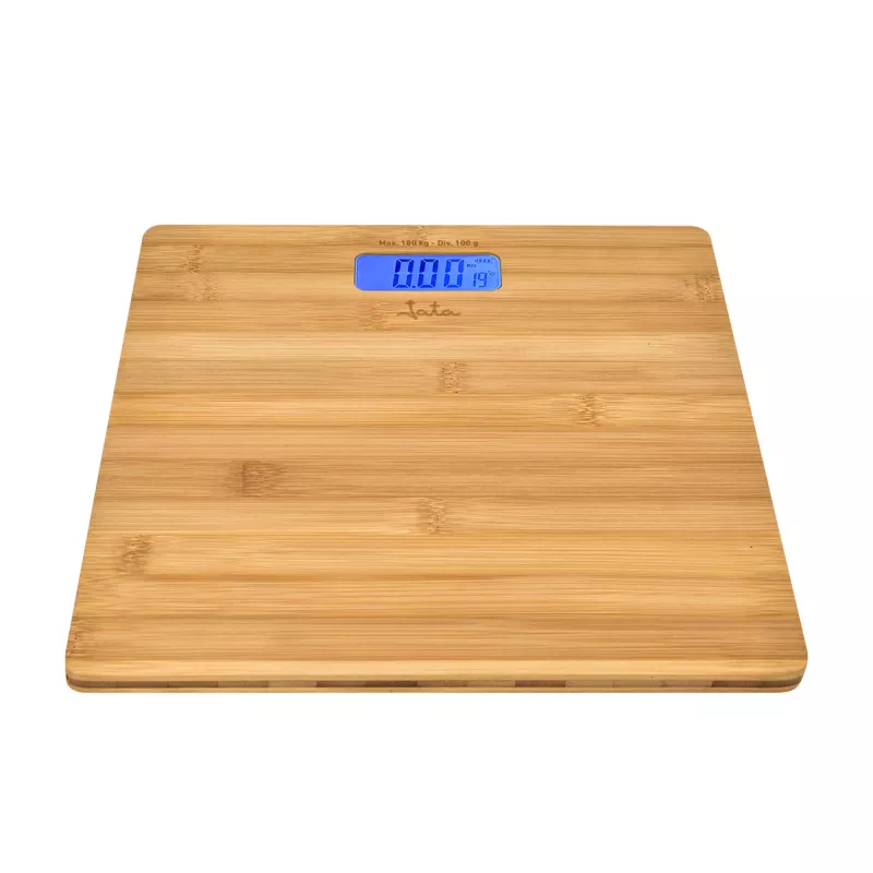 Elektroniskie personālie svari Jata HBAS1489 — 180 kg ietilpība, 100 g precizitāte, 10,2 cm LCD, bambusa platforma