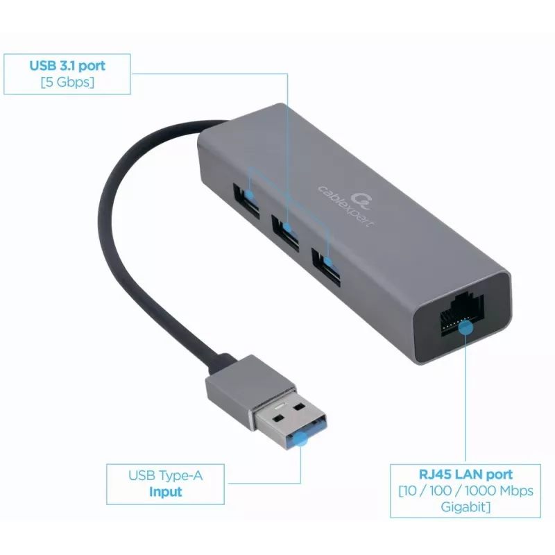Gembird A-AMU3-LAN-01 USB-A uz Gigabit LAN adapteris ar 3 portu USB 3.0 centrmezglu, melns