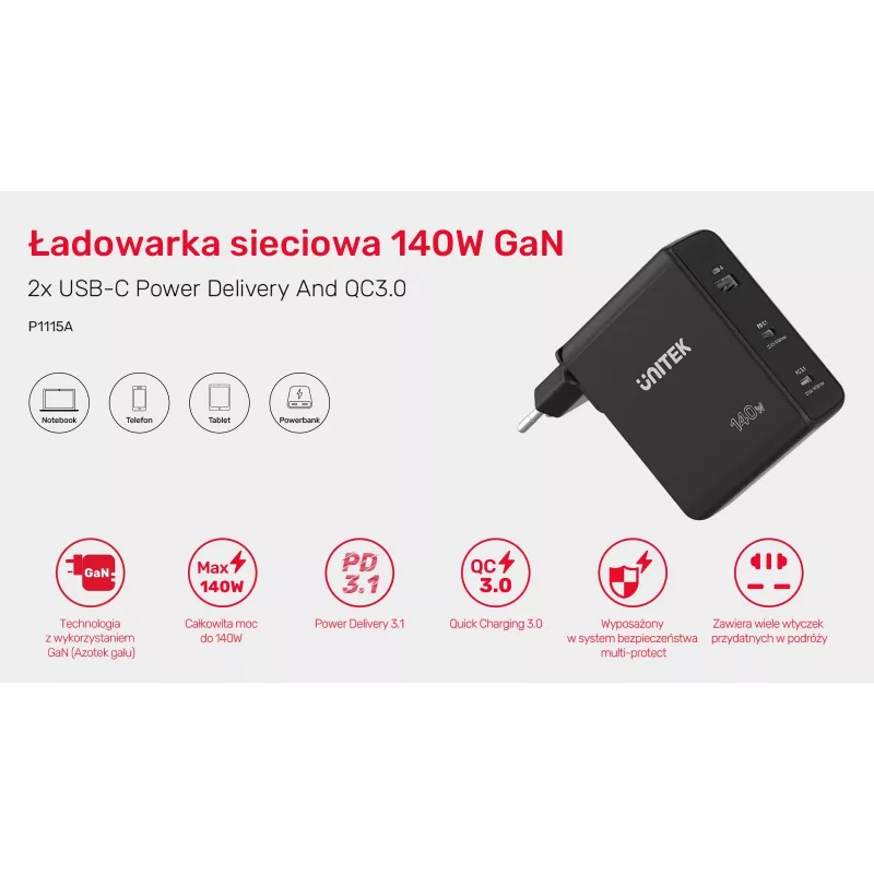 UNITEK P1115A mobilās ierīces lādētājs, melns