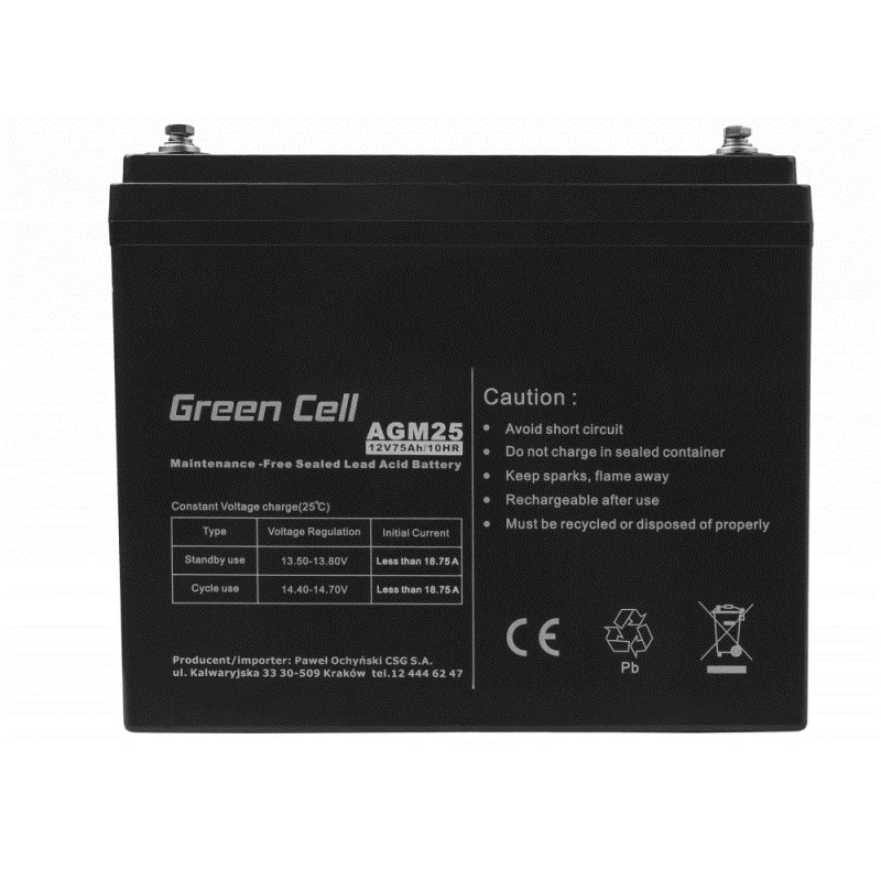 Hermētisks svina-skābes UPS akumulators zaļa Cell AGM25 12 V 75 Ah, VRLA, 75Ah, 12V, 21.3 kg