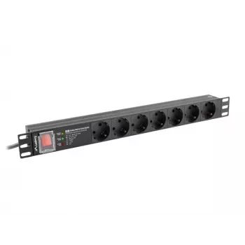 Strāvas sadales bloks LANBERG PDU-PRO-07F-0200-BK — 1U plaukta PDU, 7 Type F rozetes, 16 A, 2 m kabelis, melns