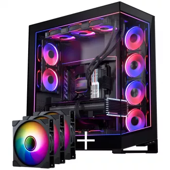 PHANTEKS NV Series NV7 E-ATX korpuss, rūdīts stikls, ARGB - melns & M25 Gen2 PWM D-RGB ventilatoru 3 gab. komplekts - reversā lāpstiņa, 140 mm + DRGB komplekts