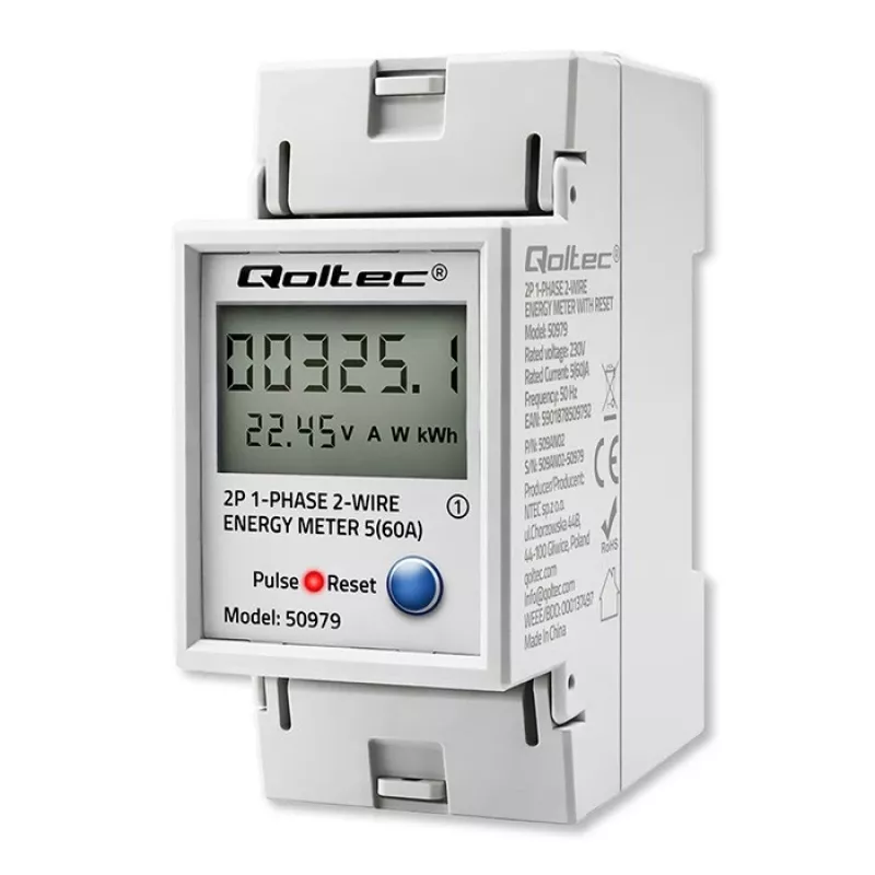 Elektrības skaitītājs QOLTEC vienfāzes DIN-iežugam 230V (MPN 50979)