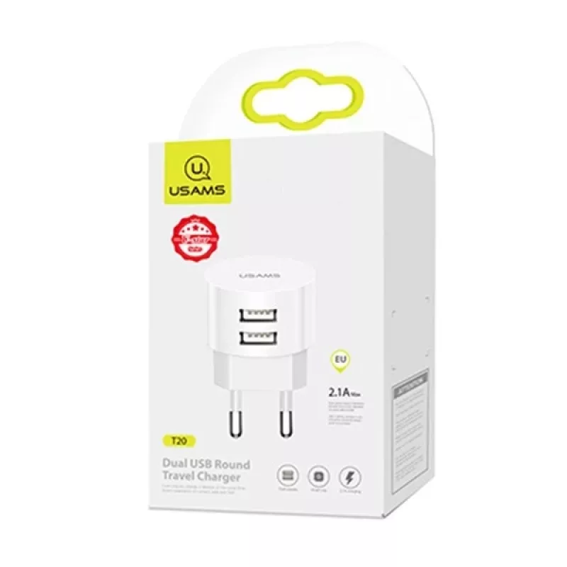 Lādētājs usams XTXLOGT18TC05 ar 2x USB pieslēgvietām un integrētu USB‑C kabeli, 2.1 A izeja