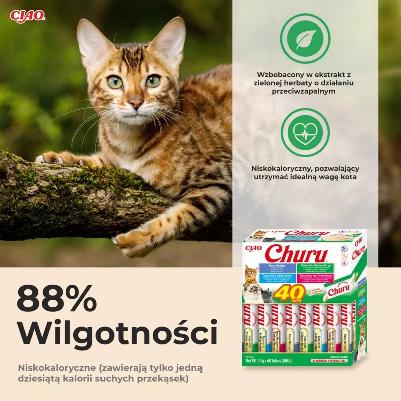 Mitrie kaķu kārumi INABA Churu Variety Box — tunzivs, 40 × 14 g pastas paciņas, bezgraudu, bezglutēna