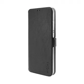 Ādas grāmatveida maciņš FIXED Xiaomi Redmi 14C, melns — priekšpuses un aizmugures aizsargvāciņš
