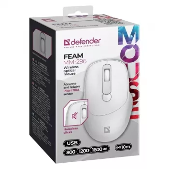 Bezvadu pele DEFENDER 52297 Silent Click — piemērota abām rokām, 2,4 GHz nano USB, 1600 DPI, balta