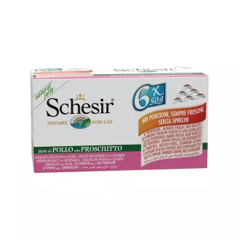SCHESIR Vistas filejas gabaliņi ar šķiņķi želejā - mitrā kaķu barība - 6x50g