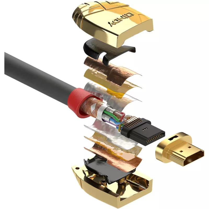 Lindy 10 m standarta HDMI kabelis, Gold Line, 10 m, HDMI Type A (standarta), HDMI Type A (standarta), 4096 x 2160 pikseļi, zelta, pelēks