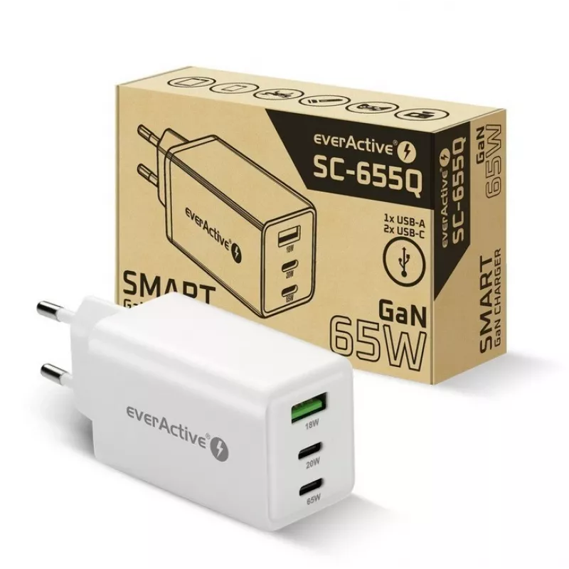 Strāvas lādētājs everActive SQ-655Q 65W, 1×USB-A + 2×USB-C ātra uzlāde