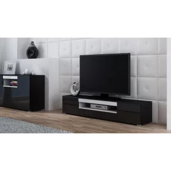 TV statīvs cama meble VIVA 180 — 1800×400×370 mm, melna virsma (skaidu plātne), melns rāmis, balti akcenti