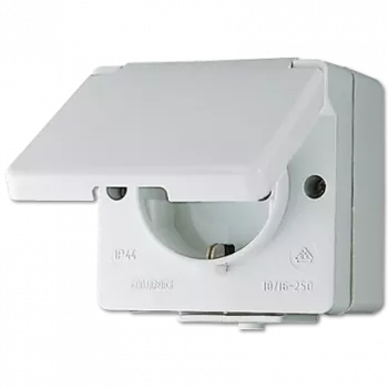 Kontaktligzda F tips Jung 620 W — 16 A, 250 V, duroplasta korpuss, balta, augstums 47 mm