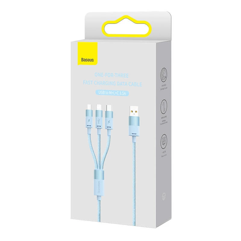3in1 USB kabelis Baseus StarSpeed Series, USB-C + Micro + Lightning 3,5A, 1,2m (Zils)