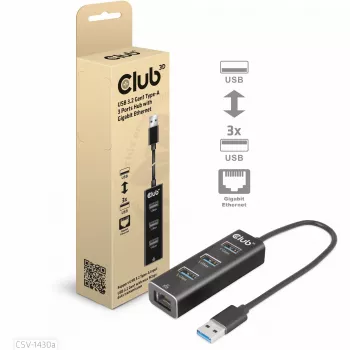 USB centrmezgls CLUB3D USB 3.2 Gen1 Type-A ar 3 portiem un Gigabit Ethernet