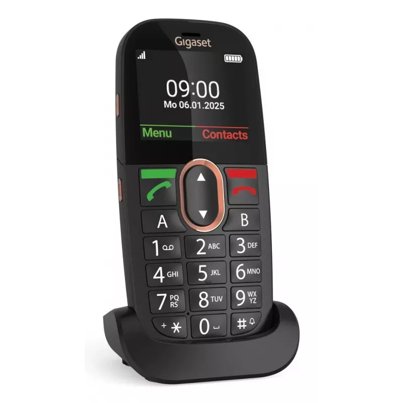 Senior mobilais telefons Gigaset GL695 — 2,31 collu (5,87 cm) displejs, 240×320, Single SIM, 4G, 2 MP kamera, 1400 mAh, Melns