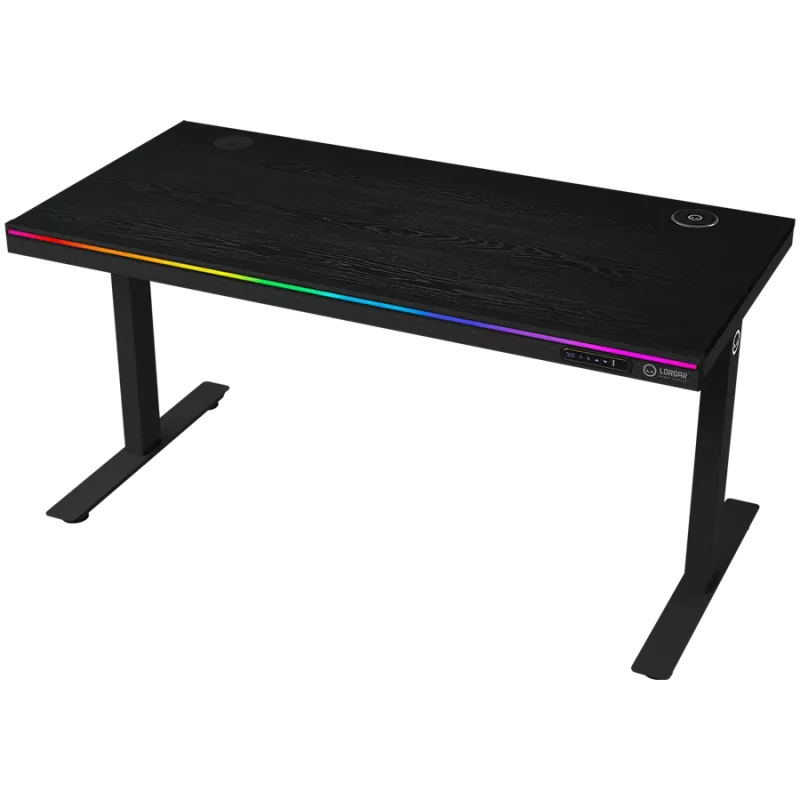 Galds spēlēm ar diviem motoriem un regulējamu augstumu sēdus/stāvus, bezvadu lādētājs, RGB apgaismojums, vadības panelis un USB pieslēgvietas, PB melamīna virsma, melns.
