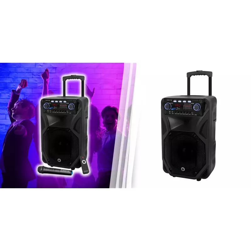 Pārnēsājams karaoke skaļrunis MANTA SPK5021PRO 20W, 12 collu zemfrekvences skaļrunis, 80W RMS, Bluetooth, baterija līdz 5h, SD/USB, mikrofona un ģitāras ieejas