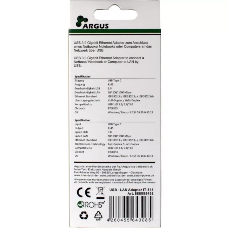 Inter-Tech Argus IT-811 - tīkla adapteris - USB-C - Gigabit Ethernet - melns (88885438)