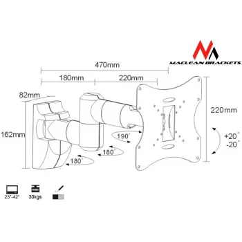 Sienas stiprinājums MACLEAN MC-503A S 23 collu–42 collu ekrāniem, noliece ±20°, VESA 75×75–200×200, 30 kg, sudraba krāsā
