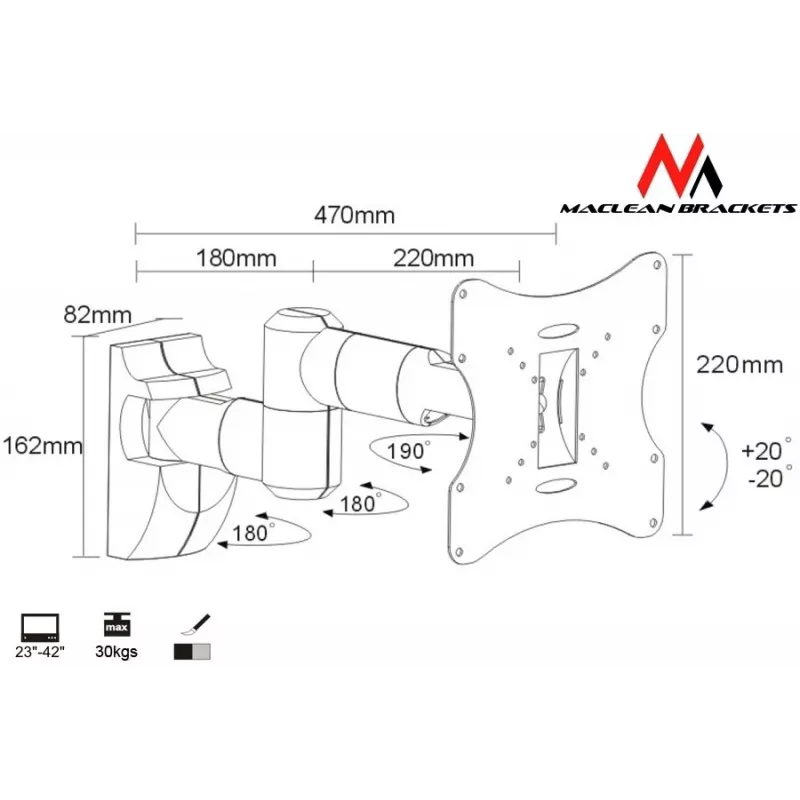 Sienas stiprinājums MACLEAN MC-503A S 23 collu–42 collu ekrāniem, noliece ±20°, VESA 75×75–200×200, 30 kg, sudraba krāsā