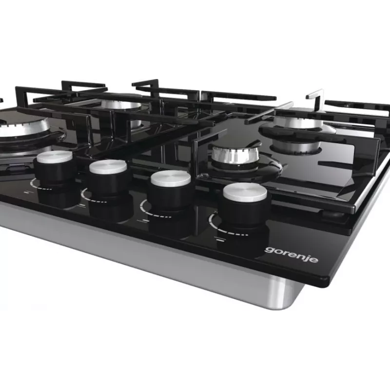 Gāzes plīts virsma Gorenje GT641KB, iebūvējama 60 cm, 4 gāzes zonas, rūdīts stikls, čuguna restes, grozāmie slēdži