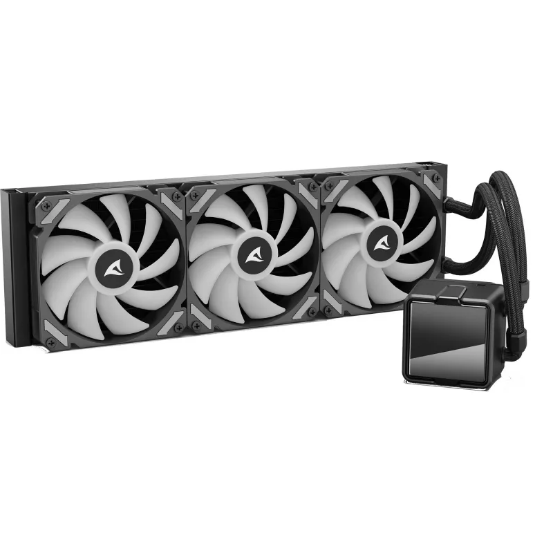 Universāls šķidruma CPU dzesētājs Sharkoon S60 ARGB — 360 mm radiators, 3×120 mm PWM ventilatori, melns