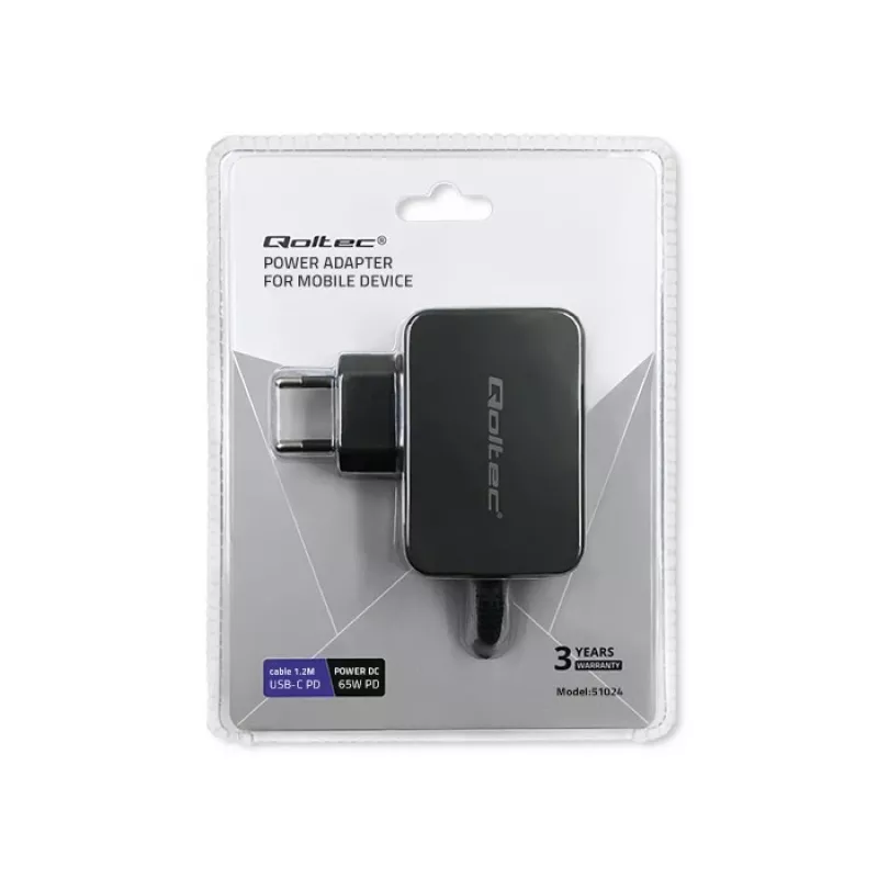 QOLTEC 51024 — Universāls iekštelpu maiņstrāvas lādētājs, 65W PD, 20V/3.25A, 1.2m kabelis, melns