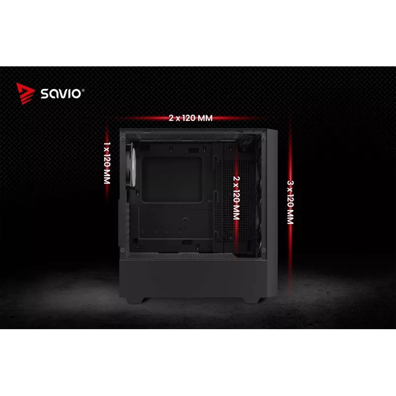 PC korpuss SAVIO Noctis Flow RGB — Cube, ATX/Mini-ITX, 3x 120 mm priekšējie ventilatori, rūdīta stikla sānu panelis, max GPU 35 cm