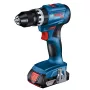 Bezvada urbis-skūvrēnis Bosch GSB 18 V — 18 V, 4 Ah Li-Ion, 45 N·m, 500/1900 RPM, 35 mm kokā, 10 mm tēraudā, 2 baterijas, lādētājs, kaste