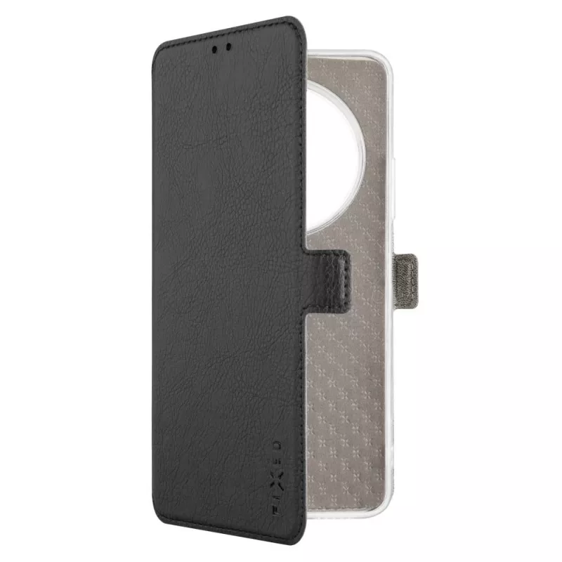 Ādas grāmatveida maciņš FIXED Xiaomi Redmi 14C, melns — priekšpuses un aizmugures aizsargvāciņš