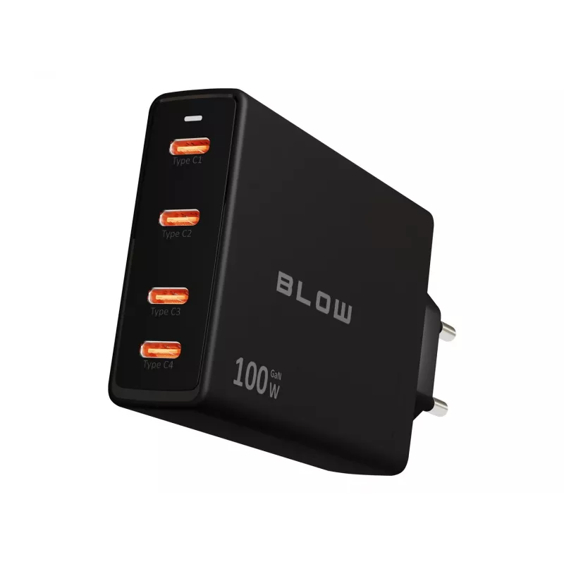 Sienas lādētājs BLOW 4×USB-C PD 100W GaN, 4 porti, PD 3.0, PPS, 200–240V ieeja