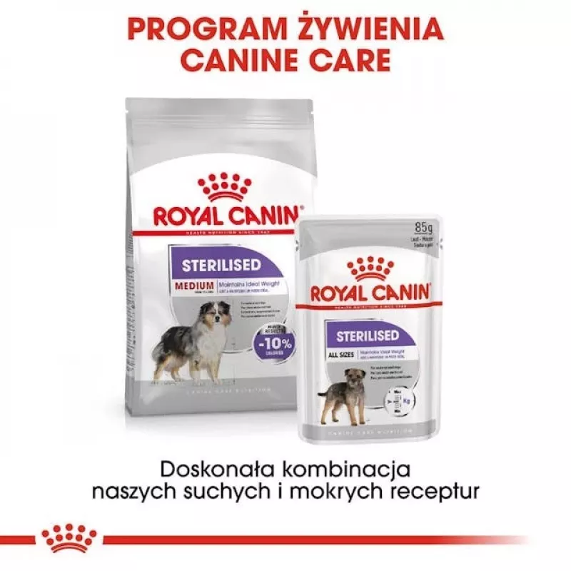 Sausā suņu barība Royal Canin Medium Sterilised Adult 12 kg — sterilizētiem vidēja izmēra pieaugušiem suņiem, mājputnu gaļa, olbaltumvielas 28%, tauki 13%